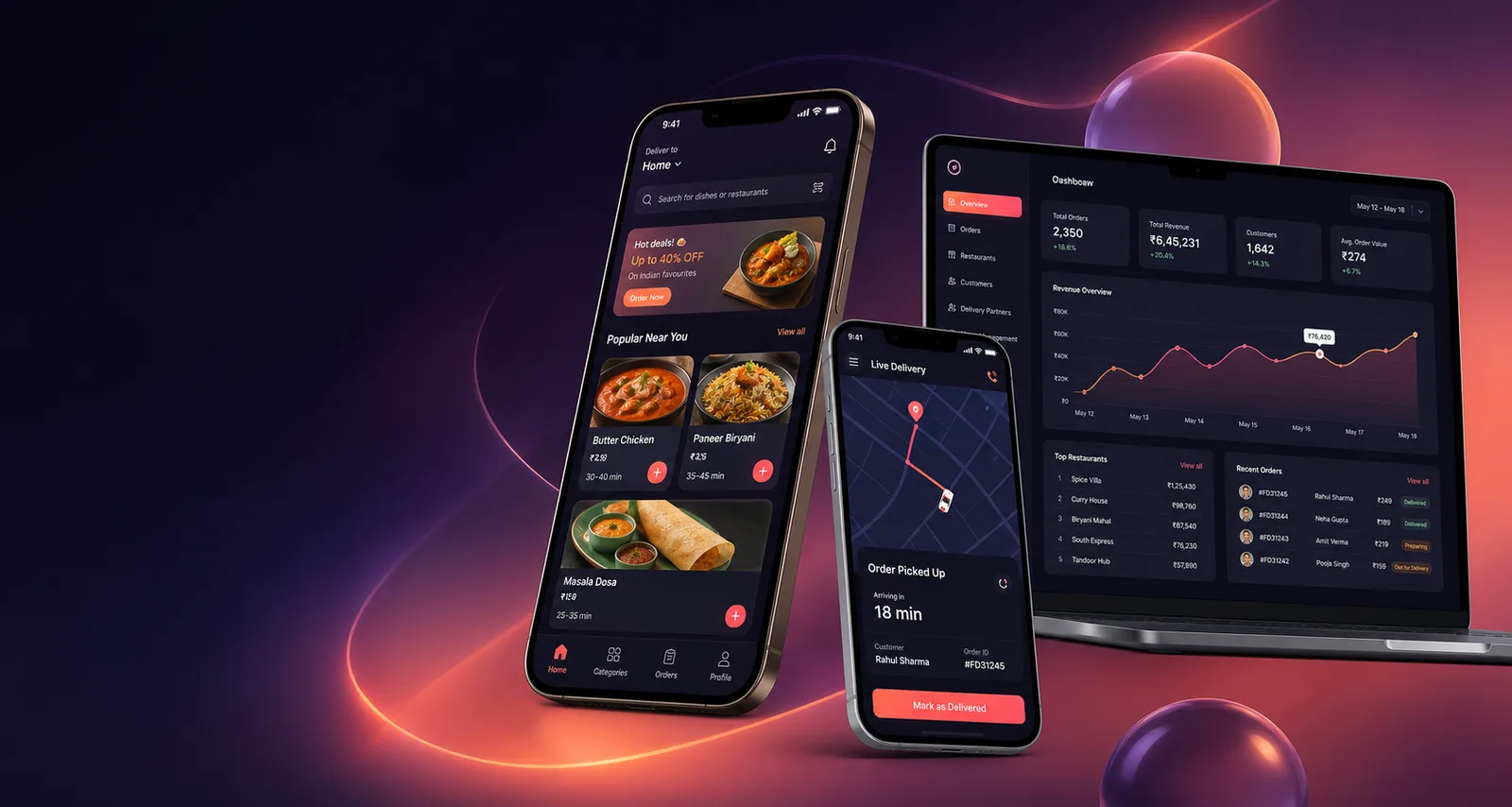 Food Delivery App customer, delivery and admin app previews