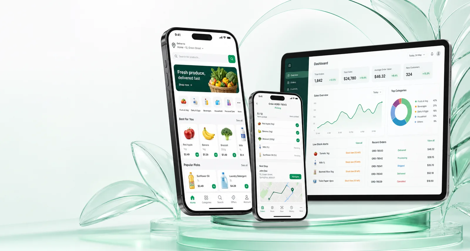 Grocery Delivery App customer, delivery and admin app previews